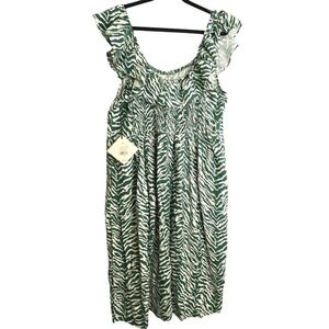 Ava & Viv Green Zebra‎ Print Dress 1X Smocked Bodice Ruffle Sleeve Boho Midi